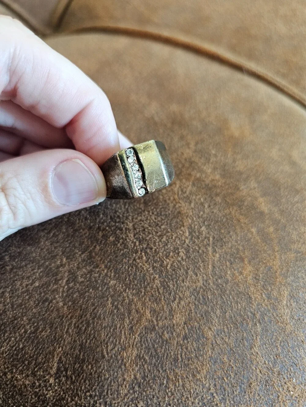 Vintage Sz 8 brutalist artisan ring  Silver Tone w/ Cubic Zirconia Stones